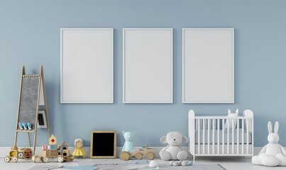 Three blank frames above a crib. toys. and a mirror in a baby s nursery with blue walls
