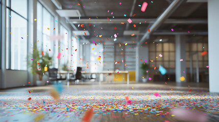 Cheerful office party celebration with falling confetti, a festive and joyful event perfect for corporate success, holiday greeting, and workplace achievement