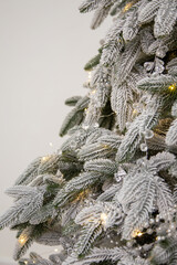 Close-up of a frosted Christmas tree branch decorated with crystal ornaments, pearls, and warm fairy lights, evoking a cozy and elegant holiday atmosphere. Perfect for festive themes and winter decor 