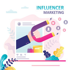 Blogger attracts likes and new subscribers. Advertising of products in profile. Human hand uses magnet and attracting followers. Concept of influencer marketing and social media.