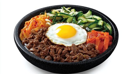 Sizzling beef bibimbap bowl in a vibrant restaurant setting food photography close-up