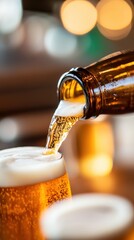 A stream of golden beer pours into a glass, creating fluffy foam at the top, highlighted by warm lighting that evokes a sense of joy and camaraderie.