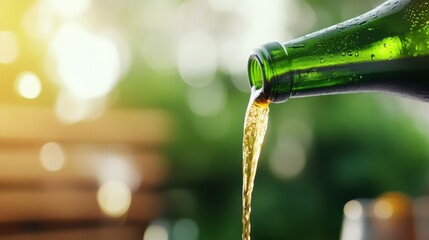 A close-up of beer being poured from a green bottle, with a blurred outdoor background. The image captures the freshness and appeal of the beverage seen here.