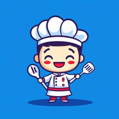 Happy cartoon chef holding spoon and spatula.