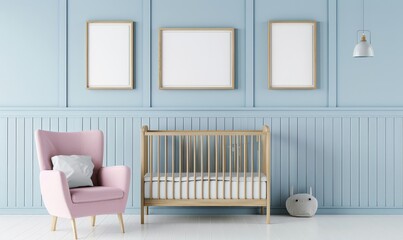 A nursery room interior with a crib. armchair. and three blank frames