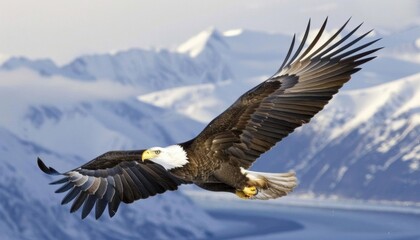 Obraz premium A majestic eagle soaring over a snowy mountain landscape.
