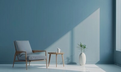A modern armchair with a side table and a potted plant in front of a blue wall