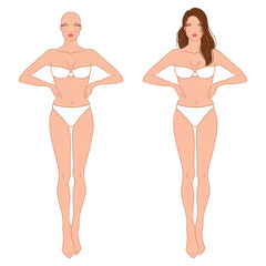 Eight-head fashion figure template. The female fashion croquis. Vector illustration of a young woman wearing lingerie, isolated on a white background. 