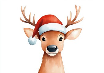 A playful illustration of a reindeer donning a Santa hat with expressive eyes, conveying warmth, playfulness, and the joyous spirit of the Christmas holiday season.