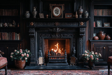 Ornate Fireplace with Bookshelves and Burning Fire