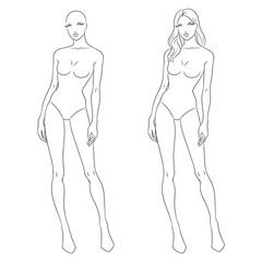 Eight-head fashion figure template. The female fashion croquis. Vector line illustration of a young woman wearing lingerie, isolated on a white background. 