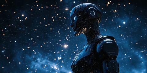 A futuristic robot standing under bright studio lights with celestial constellations faintly visible in the background.
