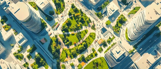 Aerial view of a modern city with green spaces and skyscrapers.  Urban landscape showcasing architecture and nature.