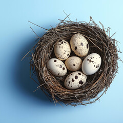 Obraz premium nest containing six speckled eggs on light blue background, showcasing nature beauty and delicate details. arrangement highlights intricate patterns and textures of eggs