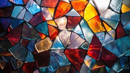  A complex geometric pattern composed of multicolored broken glass pieces, highlighting the interplay of light and texture.