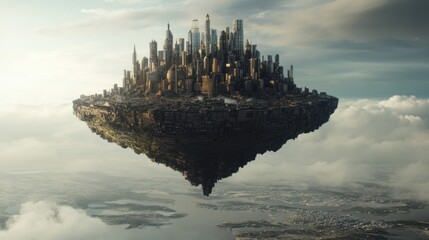 Aerial View of a Floating City Above the Clouds with Modern Skyscrapers and Advanced Technology Surrounded by a Serene Sky and Calm Horizon