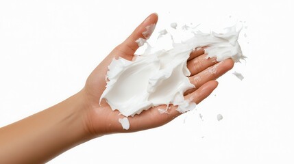 A young hand holds a creamy substance with fluid motion, showcasing artistic beauty, softness, and a sense of rejuvenation and tactile sensation.