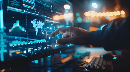A person interacts with a high-tech display, analyzing global data in a modern office. The image conveys technology, innovation, and the digital economy.