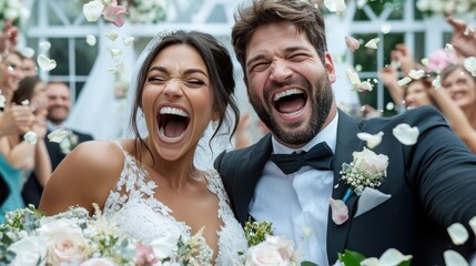 An enthusiastic couple, clothed in wedding attire, are joyfully celebrating their wedding day with friends and family, amid beautiful floral decorations and bright smiles.