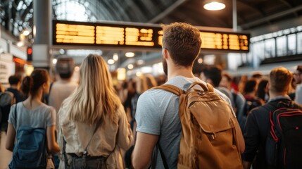 Fototapeta premium Crowd of People Navigating Busy Train Station with Display Board Showing Departures and Arrivals in a Lively Urban Environment