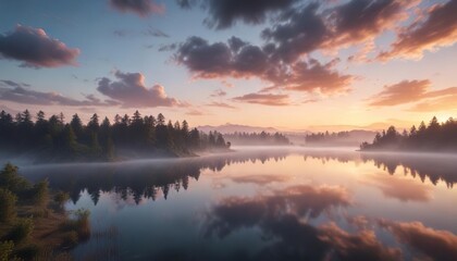 Aerial photography of wispy clouds and misty sunsets over a serene lake, water, peacefulness