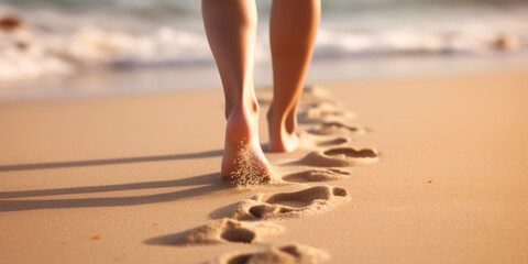 female feet on the sand at the beach Generative AI