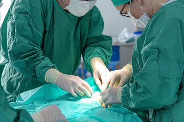 detailed close up of gloved hands performing surgical procedure in sterile environment, showcasing teamwork and precision