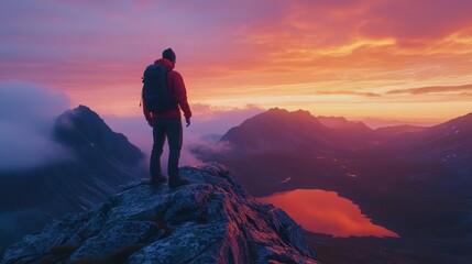 Fototapeta premium A lone figure stands atop a mountain, admiring a vibrant sunset landscape.