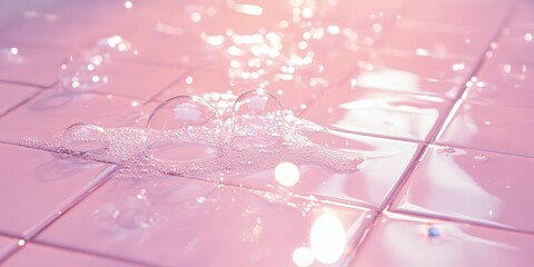 Pink tiles reflecting soft light patterns from floating bubbles and distant glowing stars.