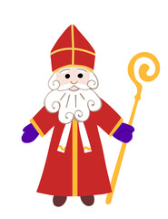 Saint Nicholas, Sinterklaas in a red cassock, staff. Simple color vector illustration. Traditional holiday. Full length.