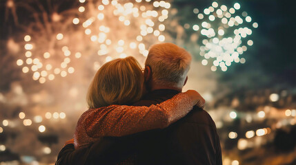 Love and joy together, senior couple celebrating new year, happy lifestyle with family and sparkling lights
