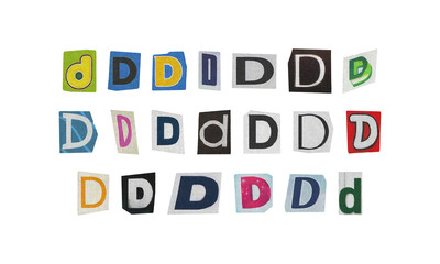 Set of cut-out letter “D” from magazines on a transparent background, retro y2k ransom font style