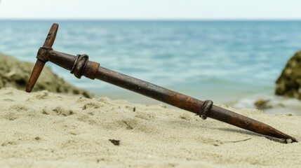 Ancient harpoon resting on sandy beach, partially buried with weathered wooden handle and rusted metal tip, evoking historical maritime heritage and archaeological significance.