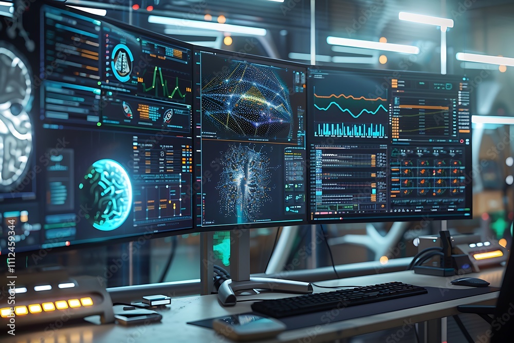 Poster a futuristic computer setup with multiple monitors displaying different aspects of neural pathways a