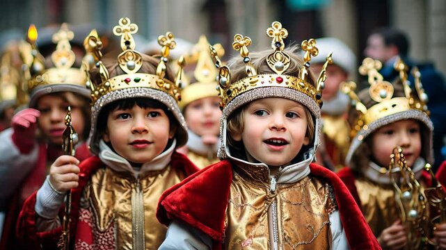 Parade of children dressed in costume with crowns for the Three kings celebration