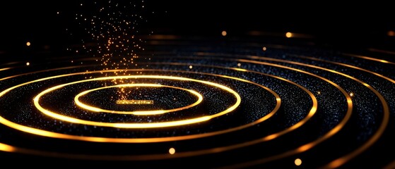 Fototapeta premium A mesmerizing pattern of golden ripples and sparkling particles set against a dark background, creating a sense of depth and movement.