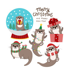 Cute otter in winter costume for Christmas holidays and gift. Animal wildlife in xmas cartoon character set. -Vector