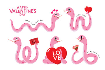 Happy Valentine's day with cute pink snake and red hearts. Animal cartoon character in holidays. -Vector
