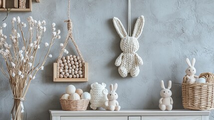 Cozy nursery decor with knitted white bunny and soft toy arrangements in rustic setting