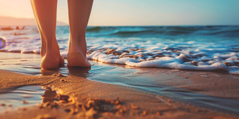 female feet on the sand at the beach Generative AI