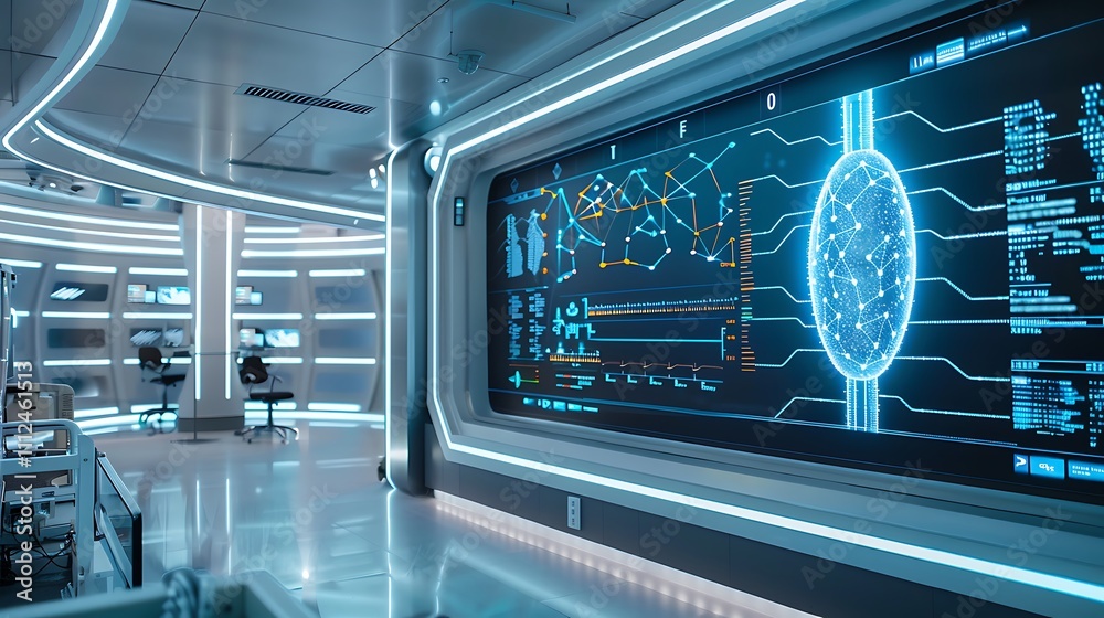 Poster a futuristic research facility with a large digital display showcasing a real-time simulation of neu