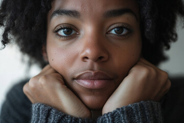 Obraz premium African woman resting her face on hands with calm expression indoors