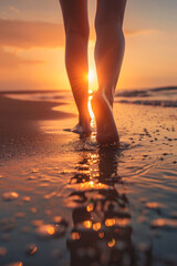 female feet on the sand at the beach Generative AI