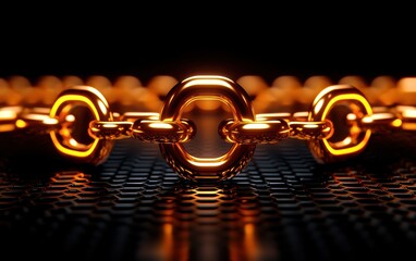 A close-up image of interconnected golden chains against a dark background, showcasing their shiny texture and intricate links.
