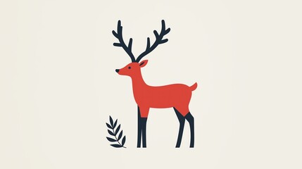 Minimalist Geometric Reindeer Design with Nature Elements in Neutral Tones for Modern Holiday Greeting Cards and Seasonal Decor Displaying Red and Black Color Scheme