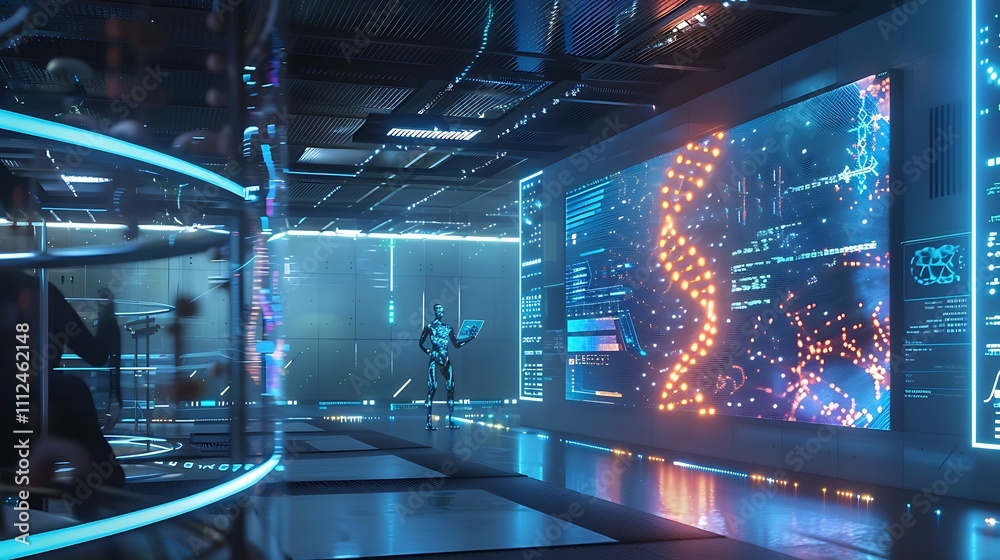 Poster a futuristic research facility with a large digital display showcasing a real-time simulation of neu