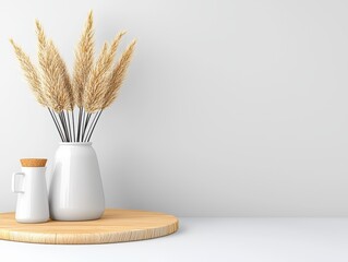 A minimalist arrangement featuring dried grass in a white vase on a wooden tray, complemented by a small ceramic jug, set against a light backdrop.