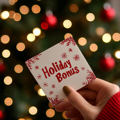 Holiday bonus card with Christmas decorations background