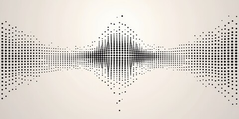 Futuristic abstract soundwave design with varying black dot sizes, forming a dense central line and smooth outward dispersal.