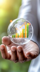 A hand holds a transparent sphere with colorful bar graphs, symbolizing growth, data analysis, and innovation in a vibrant, natural setting.